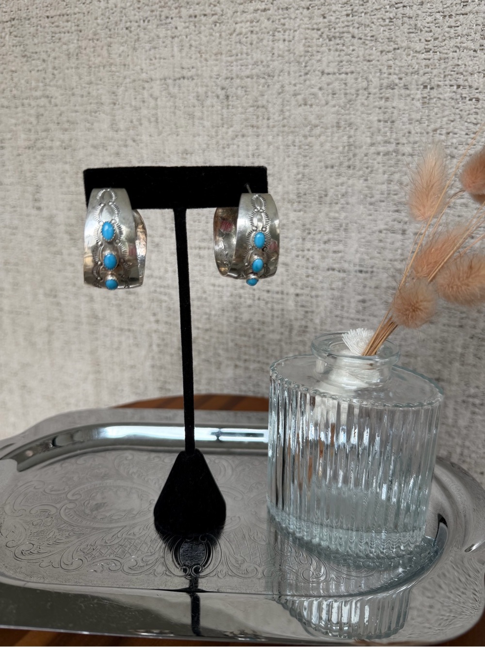Sterling Silver Turquoise Wide Hoop Earrings Signed M 18g